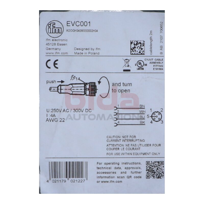 ifm EVC001 Anschluss-/Verbindungskabel / Connection/link cable 250V AC / 300V DC