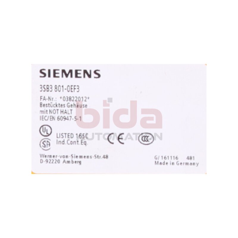 Siemens 3SB3801-0EF3 / 3SB3 801-0EF3 GEHAEUSE FUER BEFEHLSGERAETE / HOUSING FOR CONTROL DEVICES
