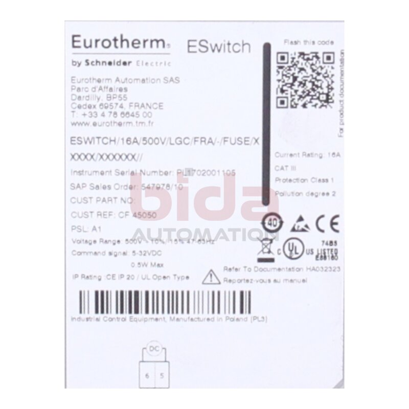 Eurotherm ESWITCH/16A/500V/LGC/FRA/-/FUSE/XXXXX/XXXXXX// Contacteur Eswitch 500V / 16a