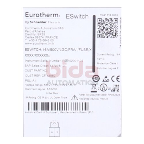 Eurotherm ESWITCH/16A/500V/LGC/FRA/-/FUSE/XXXXX/XXXXXX// Contacteur Eswitch 500V / 16a