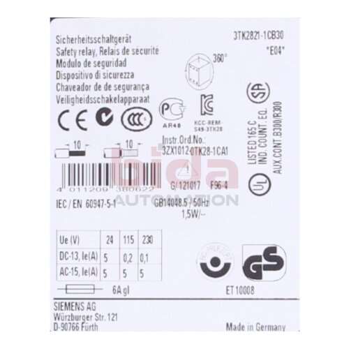 Siemens 3TK2821-1CB30 SIRIUS Sicherheitsschaltger&auml;t Safety relay