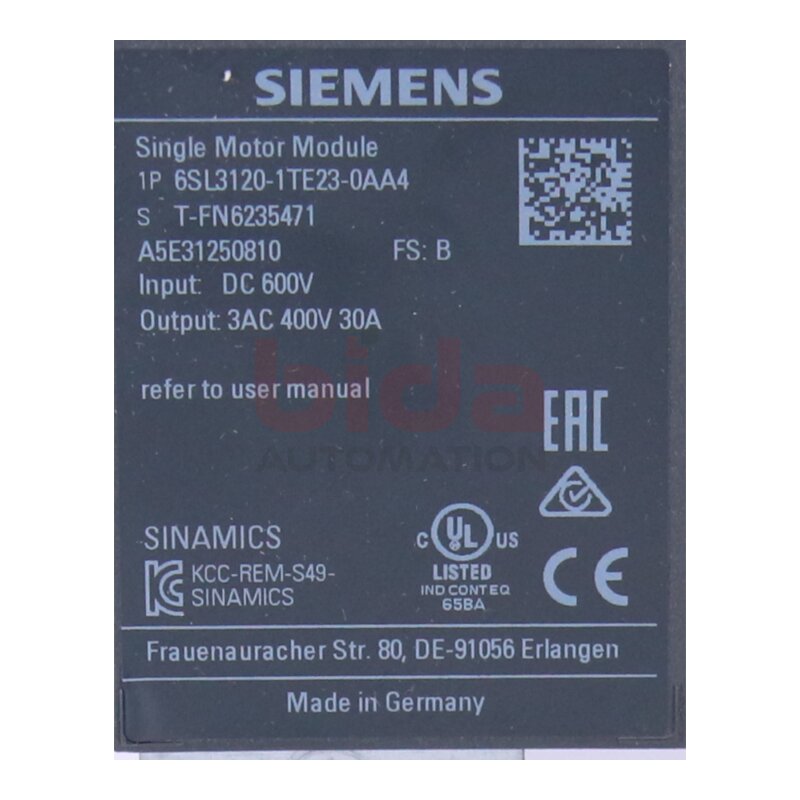 Siemens 6SL3120-1TE23-0AA4 SINAMICS S120 Single Motor-Module
