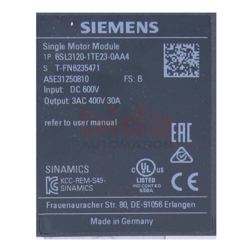 Siemens 6SL3120-1TE23-0AA4 SINAMICS S120 Single Motor-Module