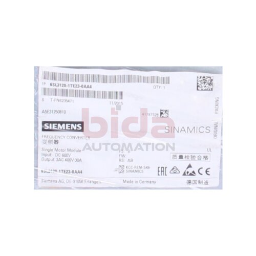 Siemens 6SL3120-1TE23-0AA4 SINAMICS S120 Single Motor-Module