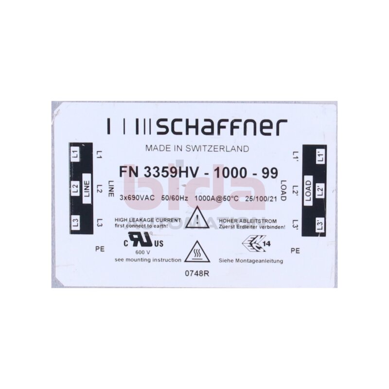 SCHAFFNER FN 3359HV - 1000 - 99 Hochstrom‑Dreiphasen-Netzfilter / High-current three-phase mains filter
