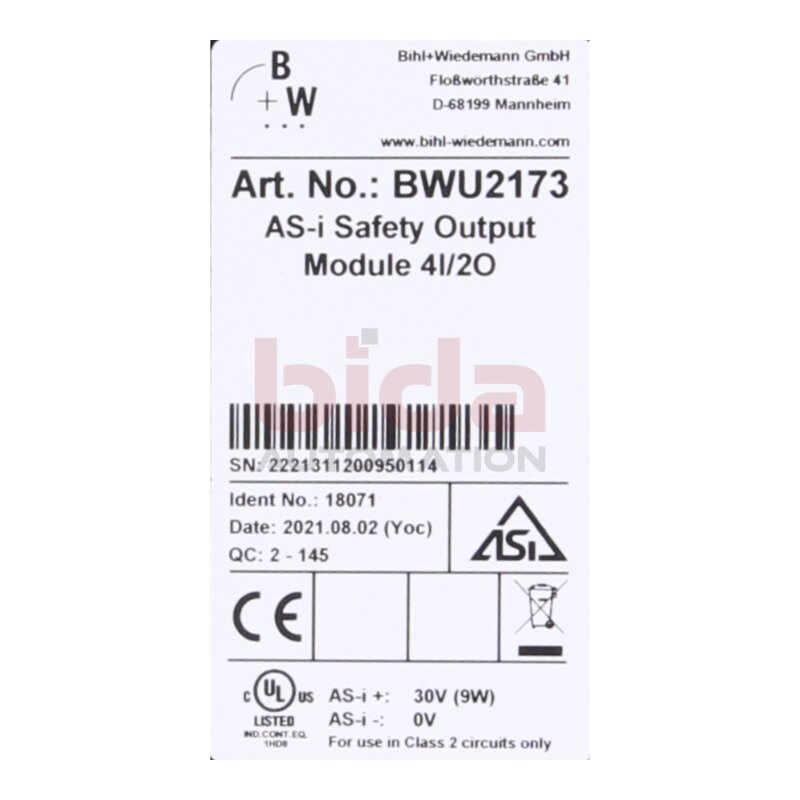 Bihl+Wiedmann BWU2173 ASi Safety Ausgangsmodul / ASi Safety Output Module 30V