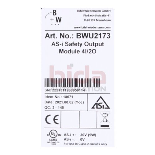 Bihl+Wiedmann BWU2173 ASi Safety Ausgangsmodul / ASi Safety Output Module 30V