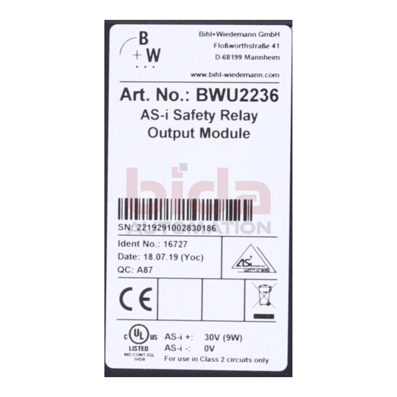 Bihl+Wiedemann BWU2236 ASi Safety Ausgangsmodul / ASi Safety Output Module 30V