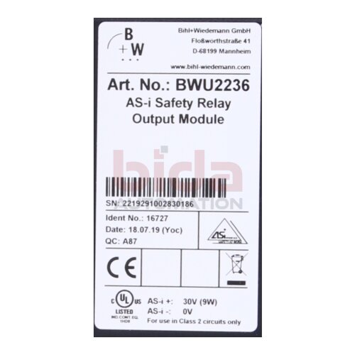 Bihl+Wiedemann BWU2236 ASi Safety Ausgangsmodul / ASi Safety Output Module 30V