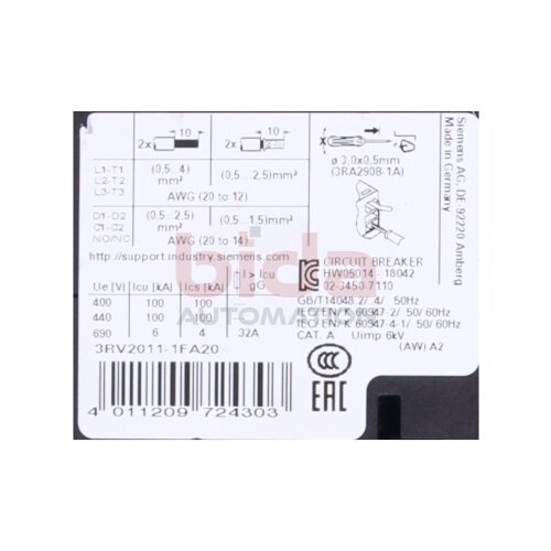 Siemens 3RV2011-1FA20 / 3RV2 011-1FA20 Leistungsschalter / circuit breaker
