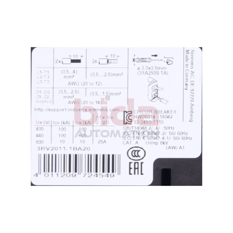 Siemens 3RV2011-1BA20 / 3RV2 011-1BA20 Leistungsschalter / circuit breaker