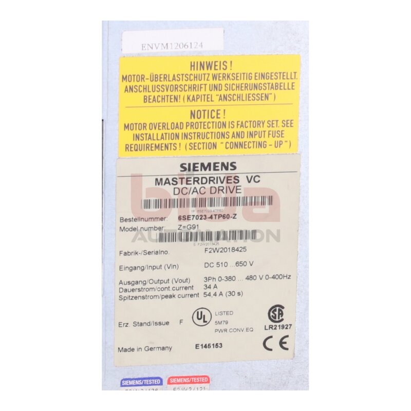 Siemens 6SE7023-4TP60-Z Simovert Masterdrives Vector Control
