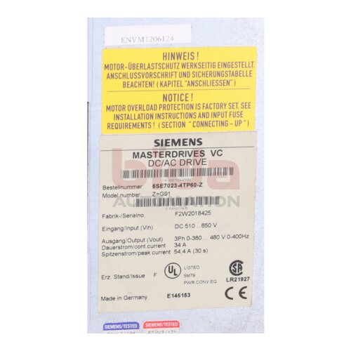 Siemens 6SE7023-4TP60-Z Simovert Masterdrives Vector Control