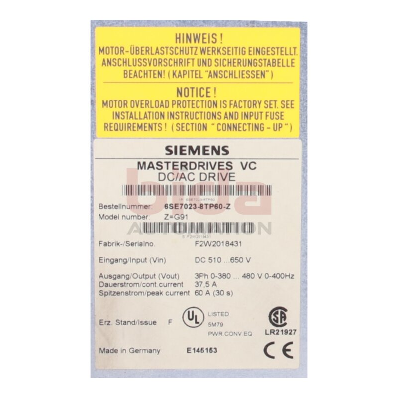 Siemens 6SE7023-8TP60-Z Simovert Masterdrives Vector Control