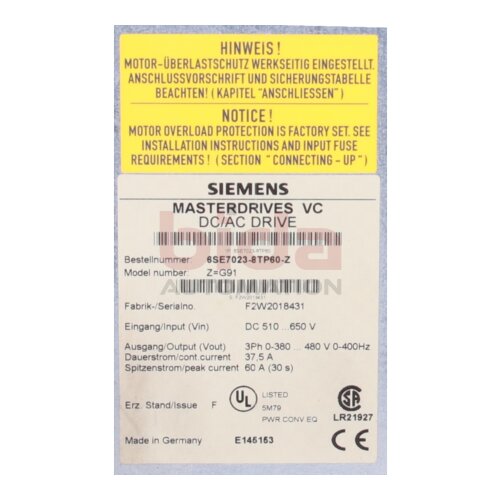 Siemens 6SE7023-8TP60-Z Simovert Masterdrives Vector Control