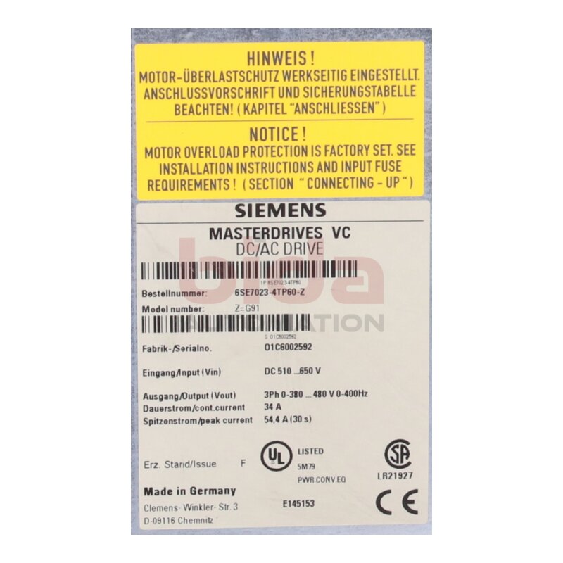 Siemens 6SE7023-4TP60-Z Simovert Masterdrives Vector Control
