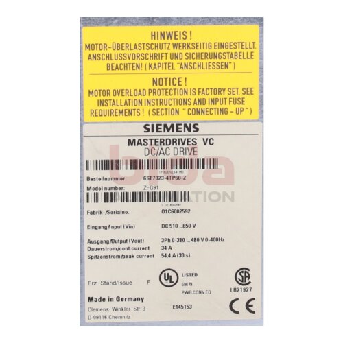 Siemens 6SE7023-4TP60-Z Simovert Masterdrives Vector Control