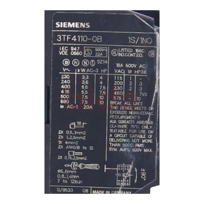 Siemens 3TF4110-0B / 3TF4 110-0B Sch&uuml;tz / Contactor