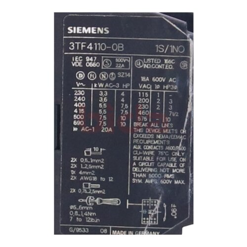Siemens 3TF4110-0B / 3TF4 110-0B Sch&uuml;tz / Contactor
