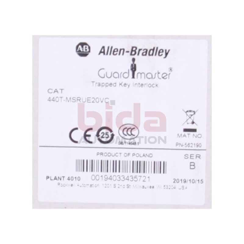 Allen-Bradley 440T-MSRUE20VC Guardmaster Eingeklemmte Schl&uuml;sselverriegelung GuardmasterTrapped Key Interlock