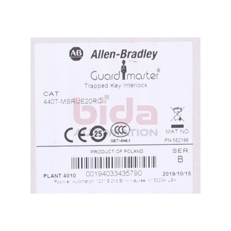 Allen-Bradley 440T-MSRUE20RC Guardmaster Eingeklemmte Schl&uuml;sselverriegelung Guardmaster Trapped Key Interlock