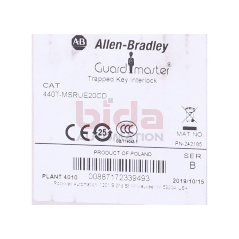Allen-Bradley 440T-MSRUE20CD Eingeschlossene Schl&uuml;sselsperre Trapped Key Interlock