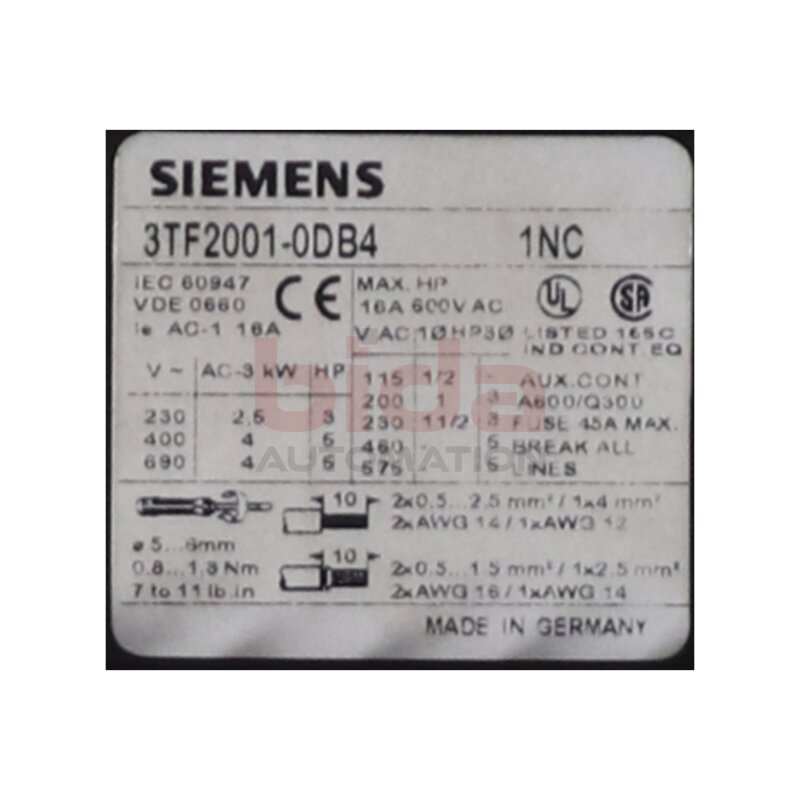 Siemens 3TF2001-0DB4 Sch&uuml;tz Contector 600V 16A