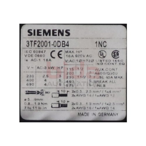 Siemens 3TF2001-0DB4 Sch&uuml;tz Contector 600V 16A