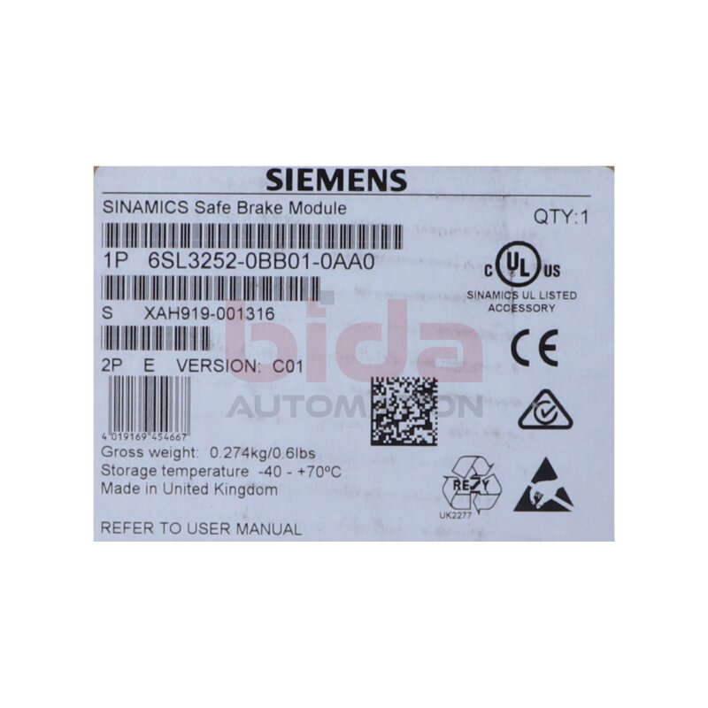 Siemens 6SL3252-0BB01-0AA0 / 6SL3 252-0BB01-0AA0 SINAMICS SAFE Bremsrelais f&uuml;r Power Module Brake relay for power modules