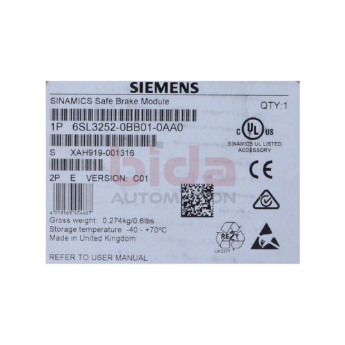 Siemens 6SL3252-0BB01-0AA0 / 6SL3 252-0BB01-0AA0 SINAMICS SAFE Bremsrelais f&uuml;r Power Module Brake relay for power modules