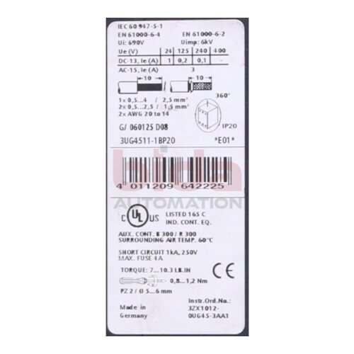Siemens 3UG4511-1BP20 / 3UG4 511-1BP20 &Uuml;berwachungsrelais / monitoring relay 320...500 V