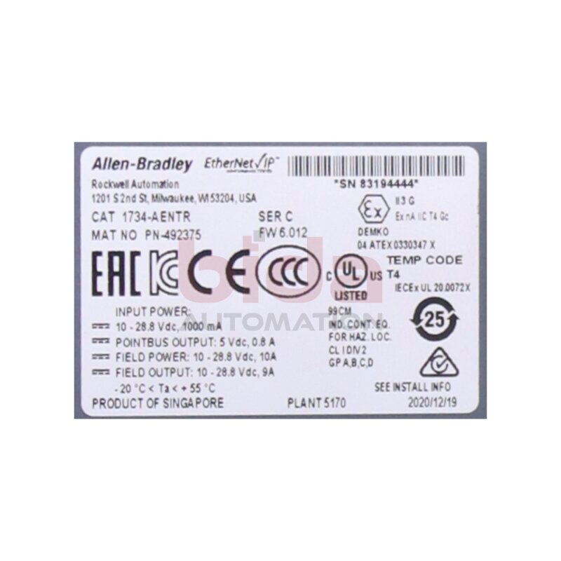 Allen-Bradley 1734-AENTR  (492375) Dual-Port-Netzwerkadapter / POINT I/O Dual Port Network Adapter 24 V