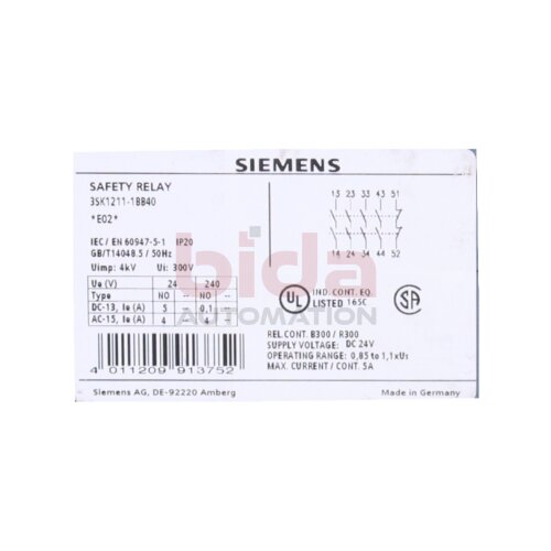 Siemens 3SK1211-1BB40 7 3SK1 211-1BB40 SIRIUS Sicherheitsschaltger&auml;t / safety switch 24V