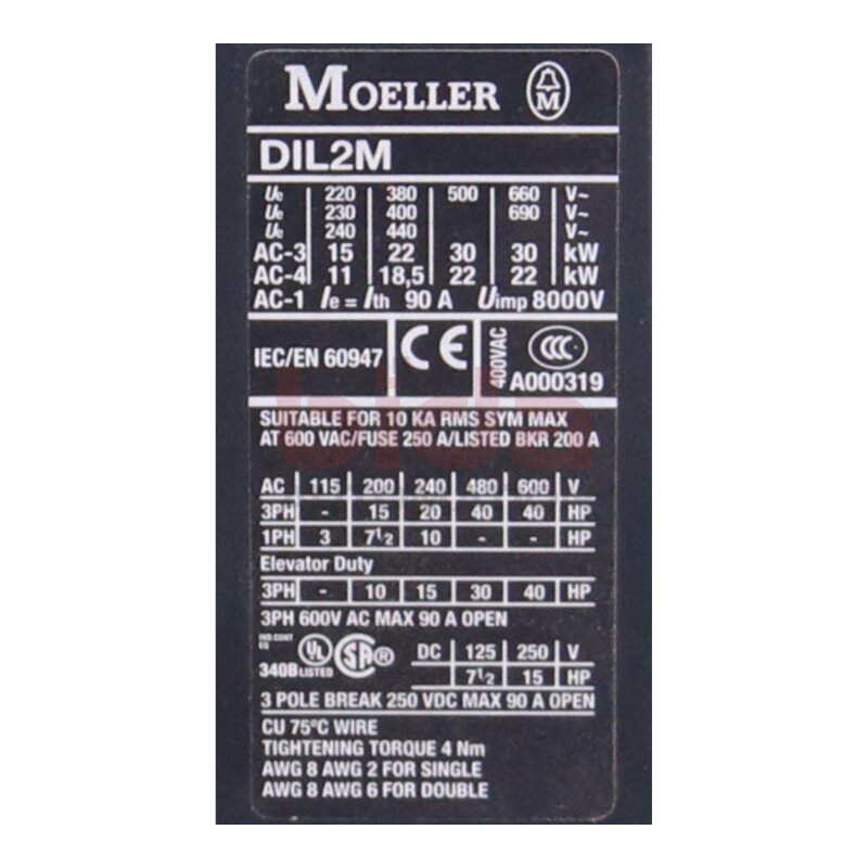 Moeller DIL 2 M Leistungssch&uuml;tz Power Contactor 250 VDC 90A