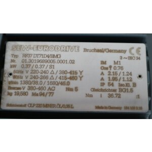 SEW Eurodrive RF37 DT71D4/BMG 0,37kW Getriebemotor Motor...