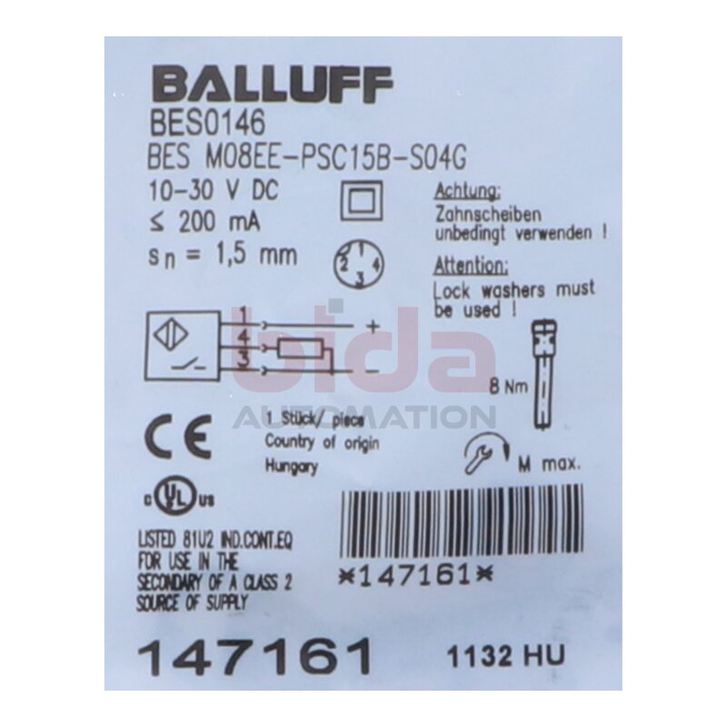 BALLUFF BES0146  (BES M08EE-PSC15B-S04G) Induktiver N&auml;herungssensor / Inductive proximity sensor