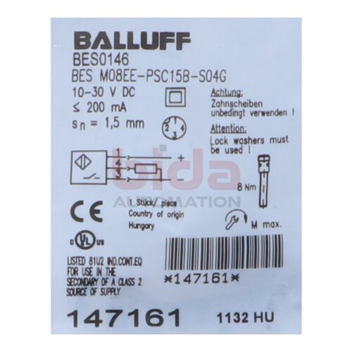 BALLUFF BES0146  (BES M08EE-PSC15B-S04G) Induktiver N&auml;herungssensor / Inductive proximity sensor