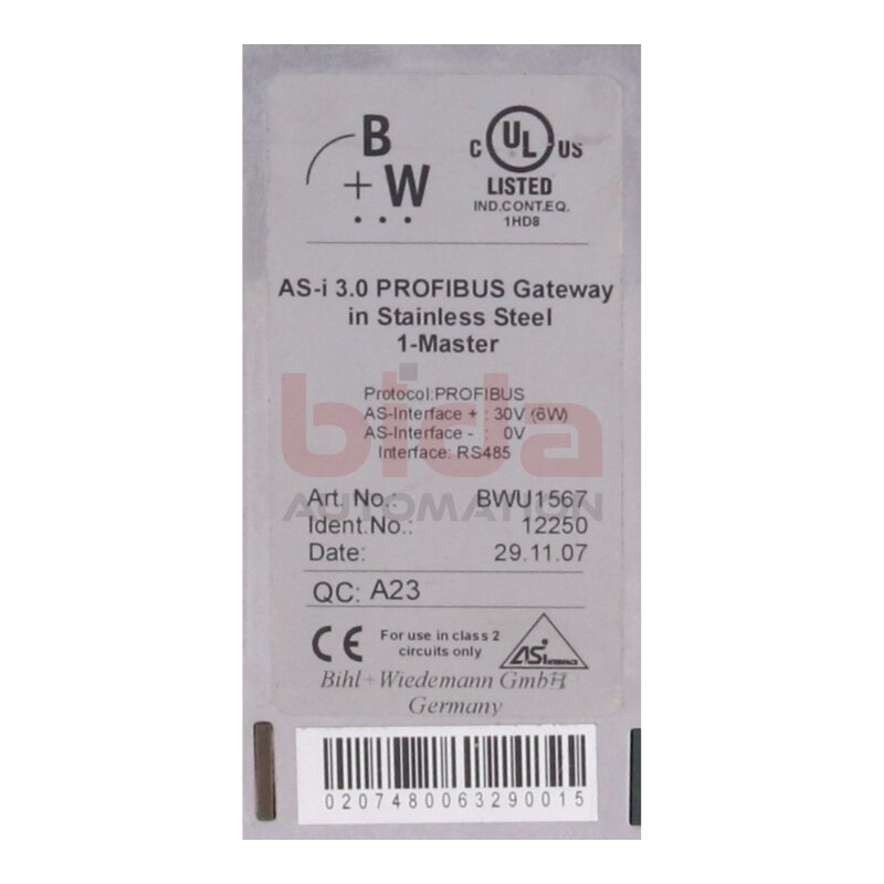 Bihl+Wiedemann BWU1567 (12250) AS-i PROFIBUS Gateway in Stainless Steel 1-Master