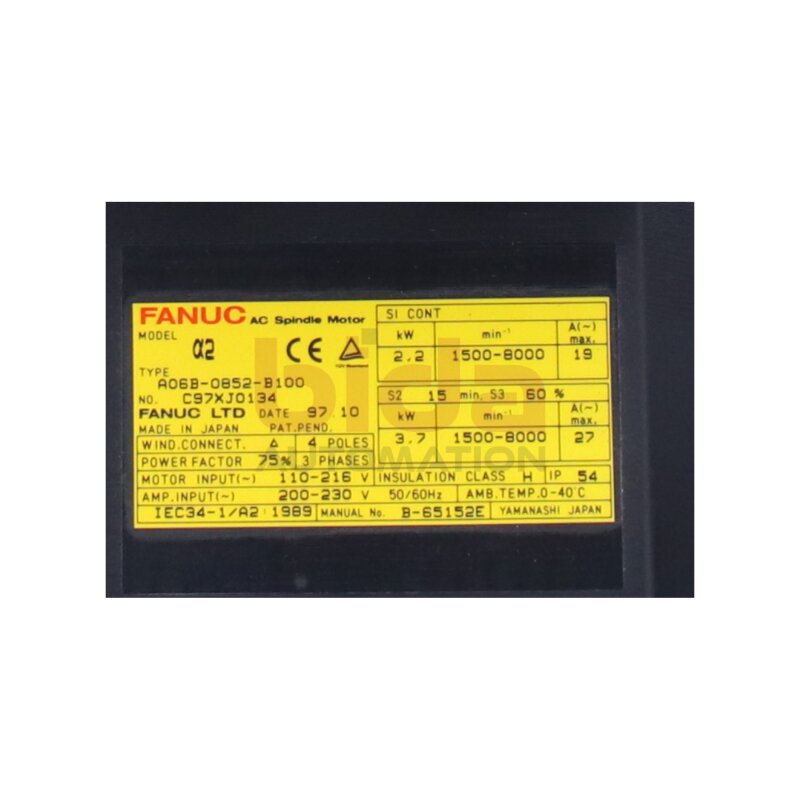 Fanuc A06B-0852-B100 (C97XJ0134) AC Spindle Motor Spindelmotor