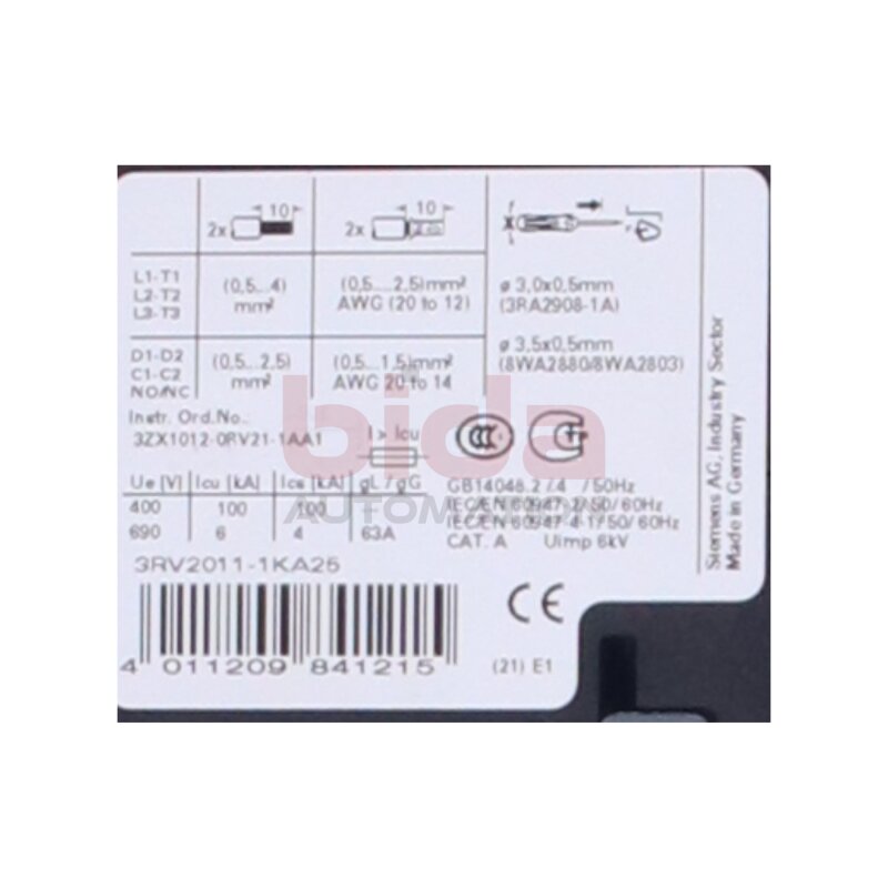 Siemens 3RV2011-1KA25 / 3RV2 011-1KA25 Leistungsschalter Circuit breaker