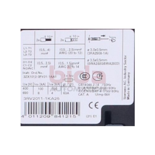 Siemens 3RV2011-1KA25 / 3RV2 011-1KA25 Leistungsschalter Circuit breaker