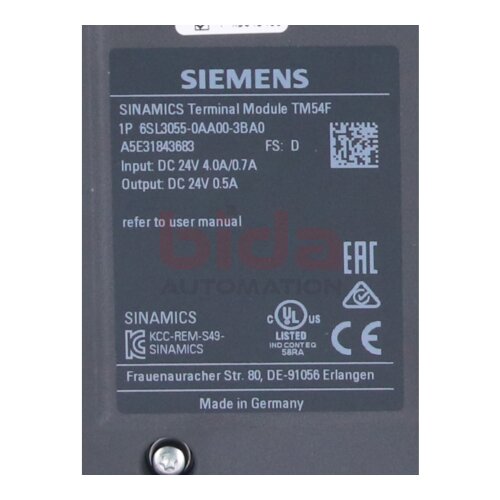 Siemens 6SL3055-0AA00-3BA0 / 6SL3 055-0AA00-3BA0 SINAMICS S120 Terminal Module Cabinet