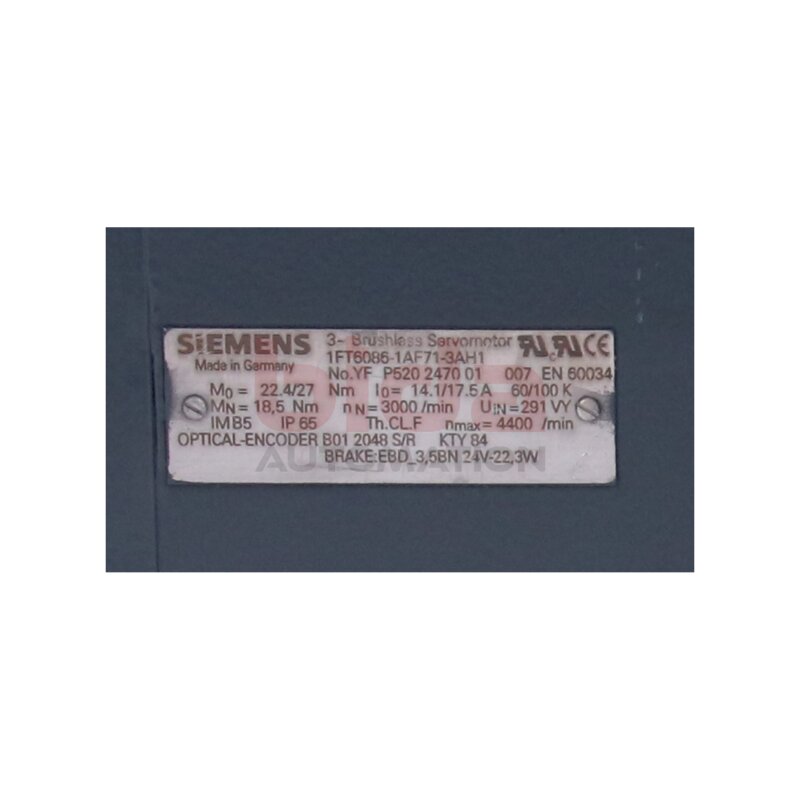 Siemens 1FT6086-1AF71-3AH1 / 1FT6 086-1AF71-3AH1 SIMOTICS S Synchronservomotor Synchronous servomotor