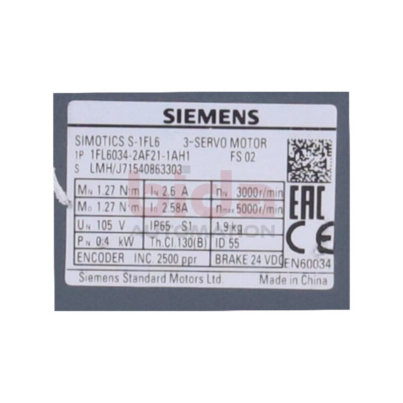 Siemens 1FL6034-2AF21-1AH1 / 1FL60 34-2AF21-1AH1 SIMOTICS S-1FL6 3-SERVO MOTOR