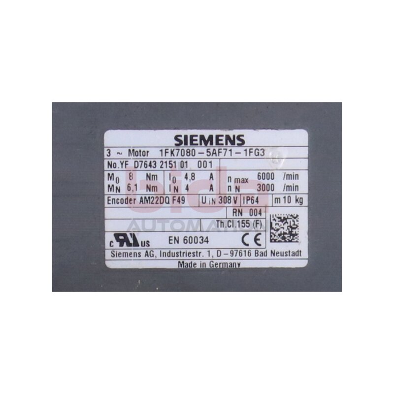 Siemens 1FK7080-5AF71-1FG3 / 1FK7 080-5AF71-1FG3 SIMOTICS S Synchronservomotor Synchronous servo motor