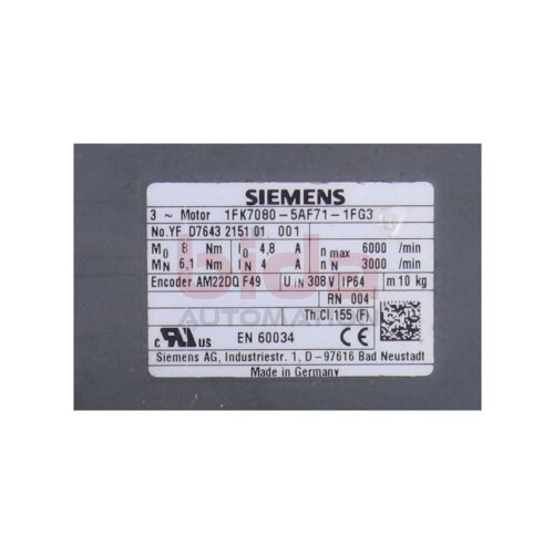 Siemens 1FK7080-5AF71-1FG3 / 1FK7 080-5AF71-1FG3 SIMOTICS S Synchronservomotor Synchronous servo motor