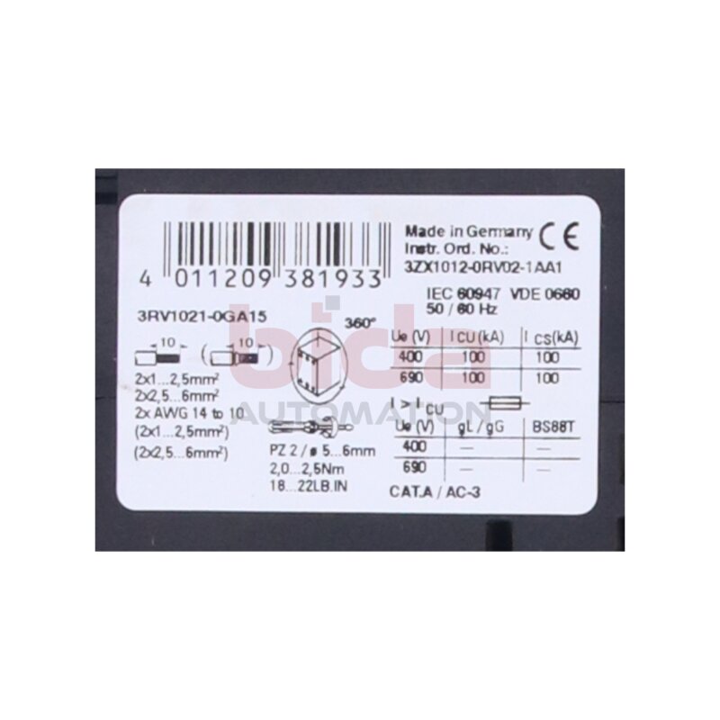 Siemens 3RV1021-0GA15 / 3RV1 021-0GA15 Leistungsschalter Circuit breaker