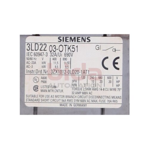 Siemens 3LD2203-0TK51 / 3LD2 203-0TK51 SENTRON Lasttrennschalter Load break switch