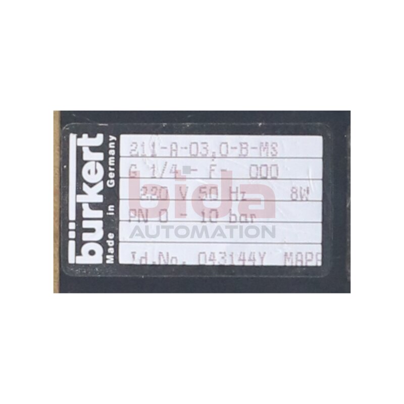 B&uuml;rkert 211-A-03,0-B-MS Magnetventil Solenoid Valve 220V 10bar