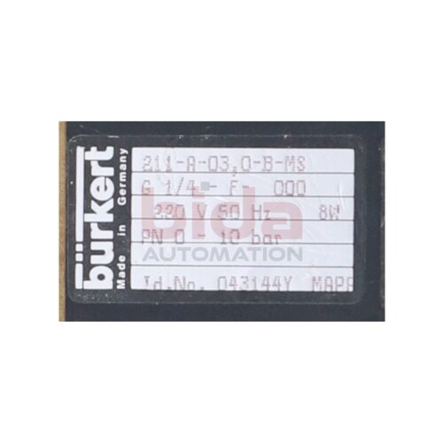 B&uuml;rkert 211-A-03,0-B-MS Magnetventil Solenoid Valve 220V 10bar
